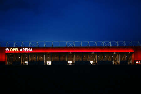 Mainz, Germany - April 01, 2018: The brightly lit Opel Arena of the football club 1. FSV Mainz 05 on the night of April 01, 2018 in Mainz.のeditorial素材