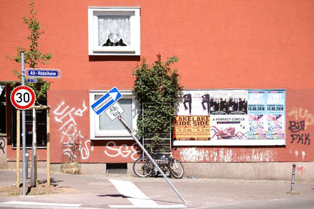Frankfurt, Germany - May 06, 2018: Advertising posters, graffiti and graffiti on the street Roedelheim on May 06, 2018 in Frankfurt.のeditorial素材
