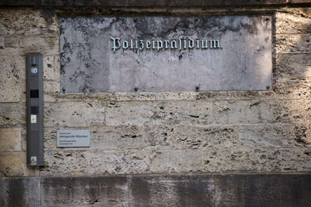 The entrance sign with hands-free system of the police headquarters in Munich.の写真素材