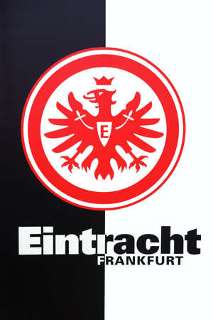 Frankfurt, Germany - August 11, 2018: The coat of arms of the sports club Eintracht Frankfurt in black and white with a red eagle on August 11, 2018 in Frankfurt.のeditorial素材