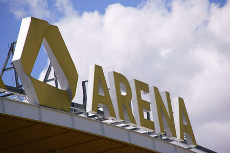 Frankfurt, Germany - August 11, 2018: The logo of the Commerzbank Arena, the home of the football club Eintracht Frankfurt on August 11, 2018 in Frankfurt.のeditorial素材