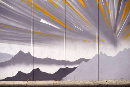 Frankfurt, Germany - August 11, 2018: The Drawing of Mountains and Stylized Sunbeams at Frankfurt Airport on August 11, 2018 in Frankfurt.のeditorial素材