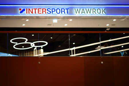 Berlin, Germany - November 06, 2018: The modern shop window and logo of an Intersport sports shop in...