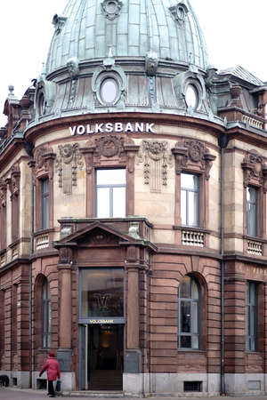 Kaiserslautern, Germany - January 26, 2019: The old and historic building of the Volksbank with a tower on January 26, 2019 in Kaiserslautern.のeditorial素材
