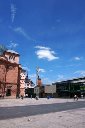Mainz, Germany - May 27, 2019: Shops on the Gutenbergplatz on May 27, 2019 in Mainz.のeditorial素材