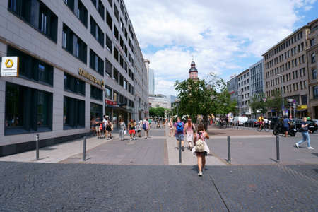 Frankfurt, Germany - July 06, 2019: Pedestrians walk along the shopping street Rossmarkt with shops on July 06, 2019 in Frankfurt.のeditorial素材
