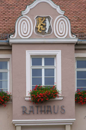 The close-up of a gable window of the town hall in Waldfischbach.のeditorial素材