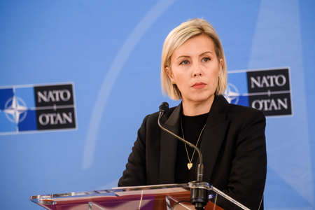 BRUSSELS, BELGIUM. 24th March 2022.  Ludivine Dedonder, Minister of Defence of Belgium, during press conference after NATO extraordinary SUMMIT 2022.のeditorial素材
