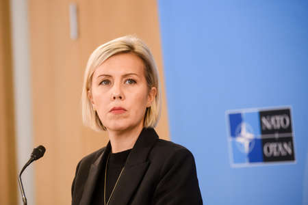 BRUSSELS, BELGIUM. 24th March 2022.  Ludivine Dedonder, Minister of Defence of Belgium, during press conference after NATO extraordinary SUMMIT 2022.のeditorial素材