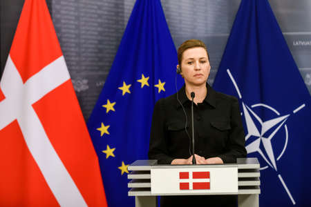 RIGA, LATVIA. 31st March 2022. Mette Fredriksen, Prime Minister of Denmark meets with Krisjanis Karins, Prime Minister of Latvia.のeditorial素材