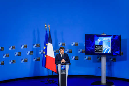BRUSSELS, BELGIUM. 24th March 2022. Emmanuel Macron, President of France, during press conference after NATO extraordinary SUMMIT 2022.のeditorial素材