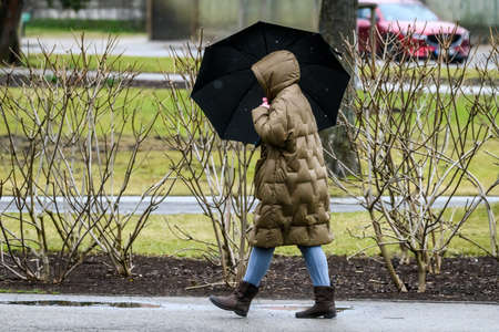 RIGA, LATVIA. 9th April 2022. Selective focus photo. Woman walks with black umbrella in park.のeditorial素材