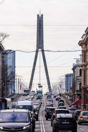 RIGA, LATVIA. 16th November 2018. Selective focus photo. Traffic jam near Vansu bridge.のeditorial素材