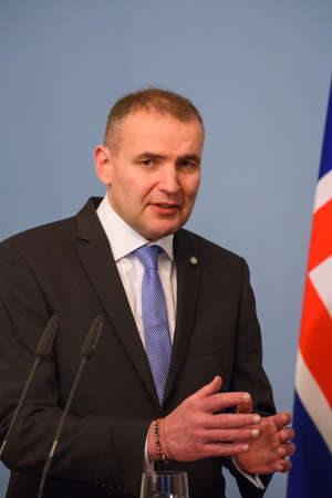 16.11.2018. RIGA, LATVIA. President of Iceland  Gudni Thorlacius Johannesson and President of Latvia Raimonds Vejonis at press conference after meeting. Riga Castle, Riga.のeditorial素材