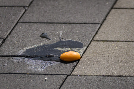 Selective focus photo. Raw egg crashed on the ground.