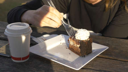 Close up of woman take a piece of cake with fork
