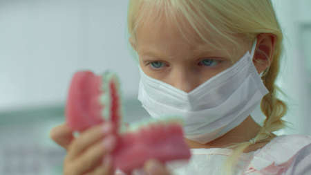 Girl in mask is looking at medical jawbone.