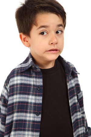 Young male boy with fear expression on white background