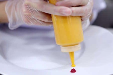 A chef is preparing a dish with moustard souceの写真素材