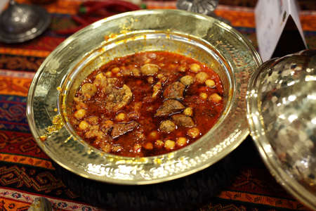 a copper plate with Turkish traditional meat preparationの写真素材