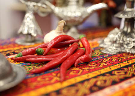 A group of chili pepper on a Turkish traditional clothの写真素材