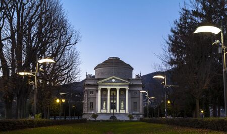 Volta Temple in Como, Italy at nightの写真素材