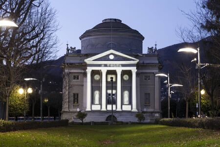 Volta Temple in Como, Italy at nightの写真素材