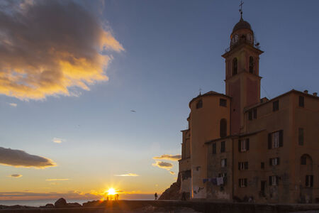 beach and church in Camogli, famous small town in Mediterranean sea, Italy near Genovaの写真素材
