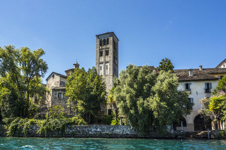 Overview of Lake Orta with the island of San Giulioの写真素材