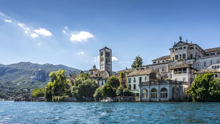 Overview of Lake Orta with the island of San Giulioの写真素材