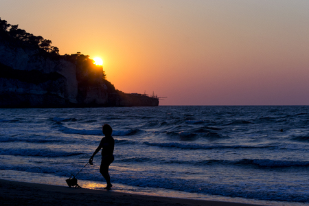 silhouette of a woman with dog on foreshore during sunset. for vacation and summer holiday conceptの写真素材