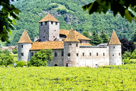 The historical beautiful walls and round towers of the castle "Castel Mareccio" with vineyards - Bozen, South Tyrol, Italyのeditorial素材