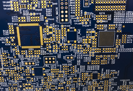 printed circuit board pcb with golden contacts pads for passice and active electronic componentsの写真素材