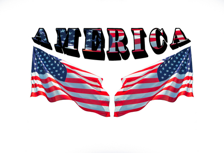 AMERICA with two usa flags on a white background.の写真素材