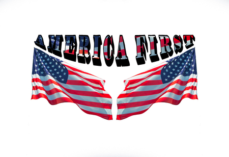 america first and two usa flags on a white background.の写真素材