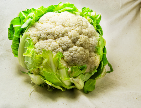 White cauliflower with green leaves on a clear background-  Brassica oleracea,  Botrytisの写真素材