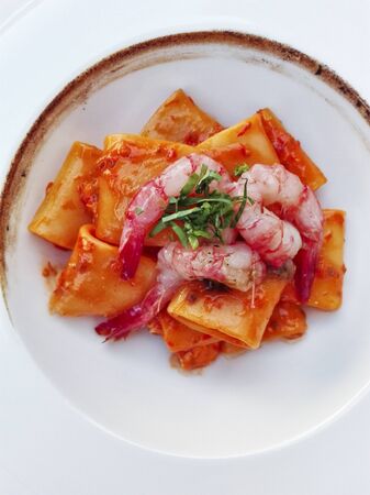 italian traditional paccheri (short pasta from gragnano) with shrimps and burned onions creamの写真素材