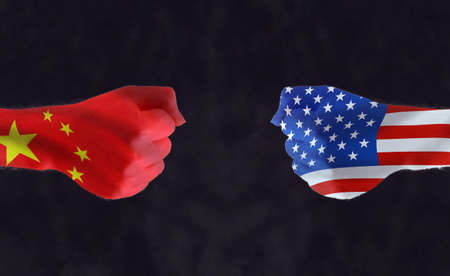 China and USA words, national flags with a nuclear explosion on the background. concept for usa - china political and economic crisisの写真素材