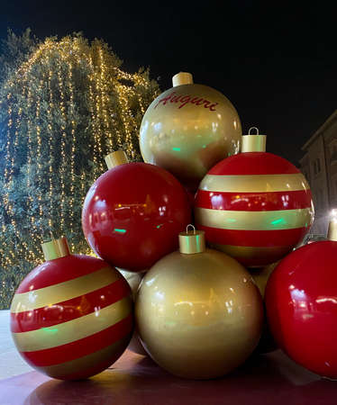 christmas tree decorations in Modena, Italy. Lights, christmas balls and decorationsの写真素材