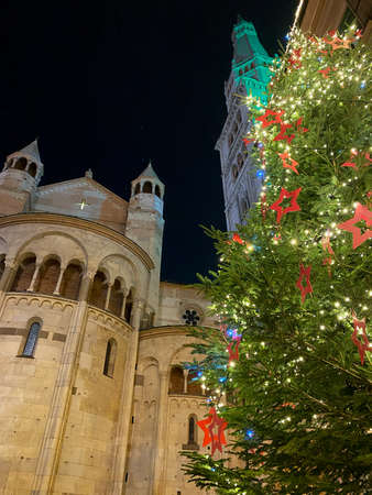christmas tree decorations in Modena, Italy. Lights, christmas balls and decorationsの写真素材