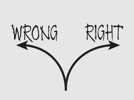 Wrong and right words with two poosite arrows. Concept for business strategy, marketing, decirion makers, company presentationの写真素材