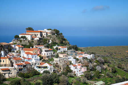 View on Greek village with the Aegean Sea on backgroundの写真素材