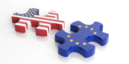 3d rendering puzzle with United states and European Union flagsの写真素材