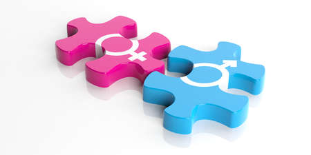 3d rendering puzzle man woman symbol on black backgroundの写真素材