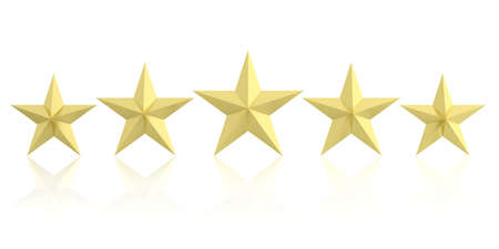 3d rendering five golden stars on white backgroundの写真素材