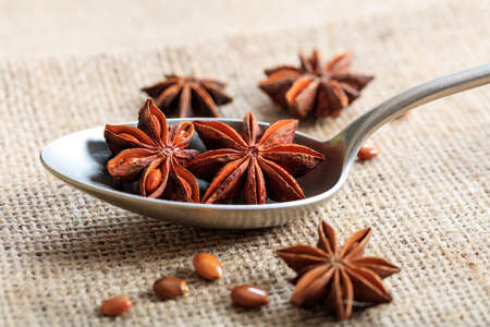 Dried star anise in a spoon on a sackcloth