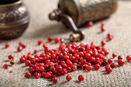 Dried red pepper spice on burlapの写真素材
