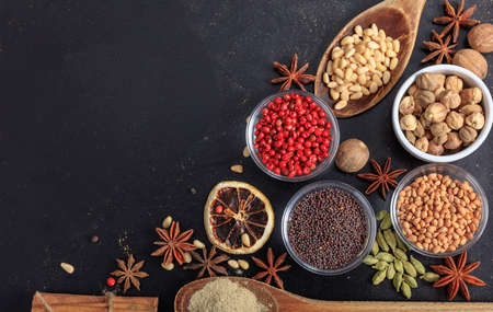 Composition of various spices on a black backgroundの写真素材