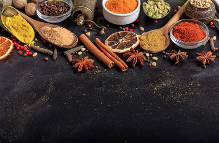 Composition of various spices on a black backgroundの写真素材
