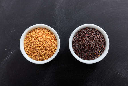 Mustard seeds in porcelain bowls, black backgroundの写真素材